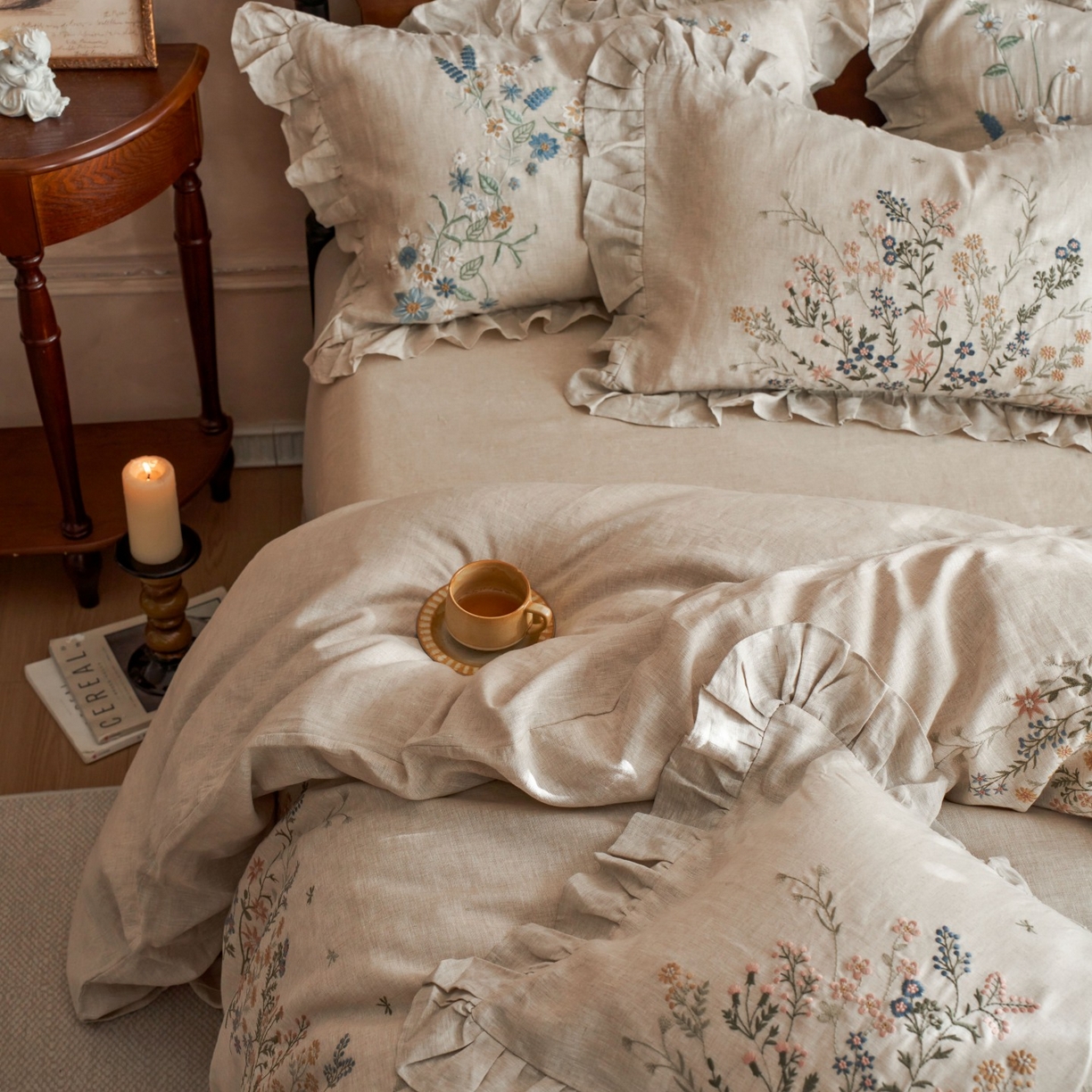 91家纺网 家纺一手货源 找家纺 安莱生活 2025新款百分百纯亚麻重工艺刺绣四件套 春华-雨露