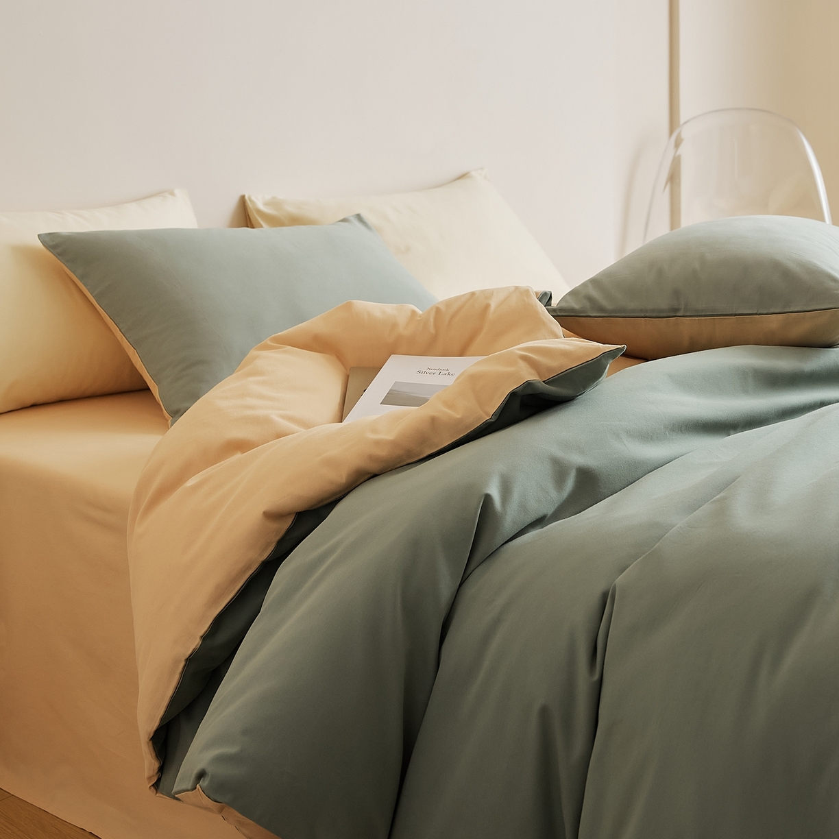 禾时 2025新款A类全棉纯棉贡缎磨毛双拼色四件套 松风