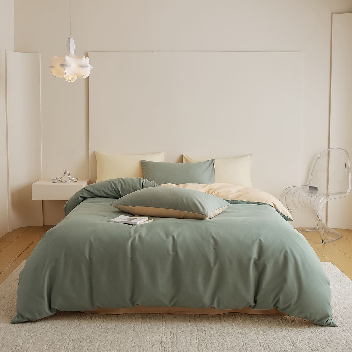 91家纺网 家纺一手货源 找家纺 禾时 2025新款A类全棉纯棉贡缎磨毛双拼色四件套 松风