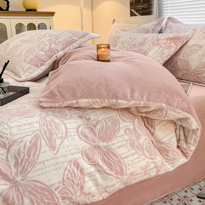 倾慕家纺 2026新款舒适保暖立体浮雕绒系列单被套 蝴蝶流苏粉