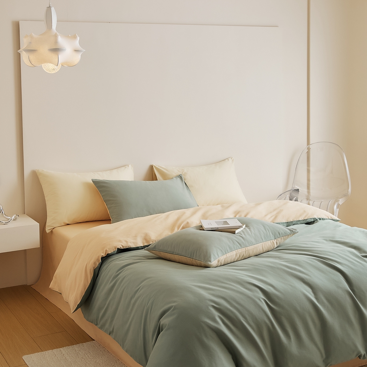 91家纺网 家纺一手货源 找家纺 禾时 2025新款A类全棉纯棉贡缎磨毛双拼色四件套 松风