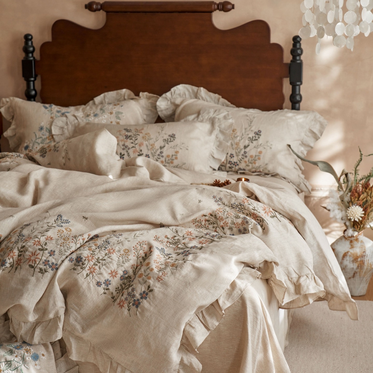 91家纺网 家纺一手货源 找家纺 安莱生活 2025新款百分百纯亚麻重工艺刺绣四件套 春华-雨露