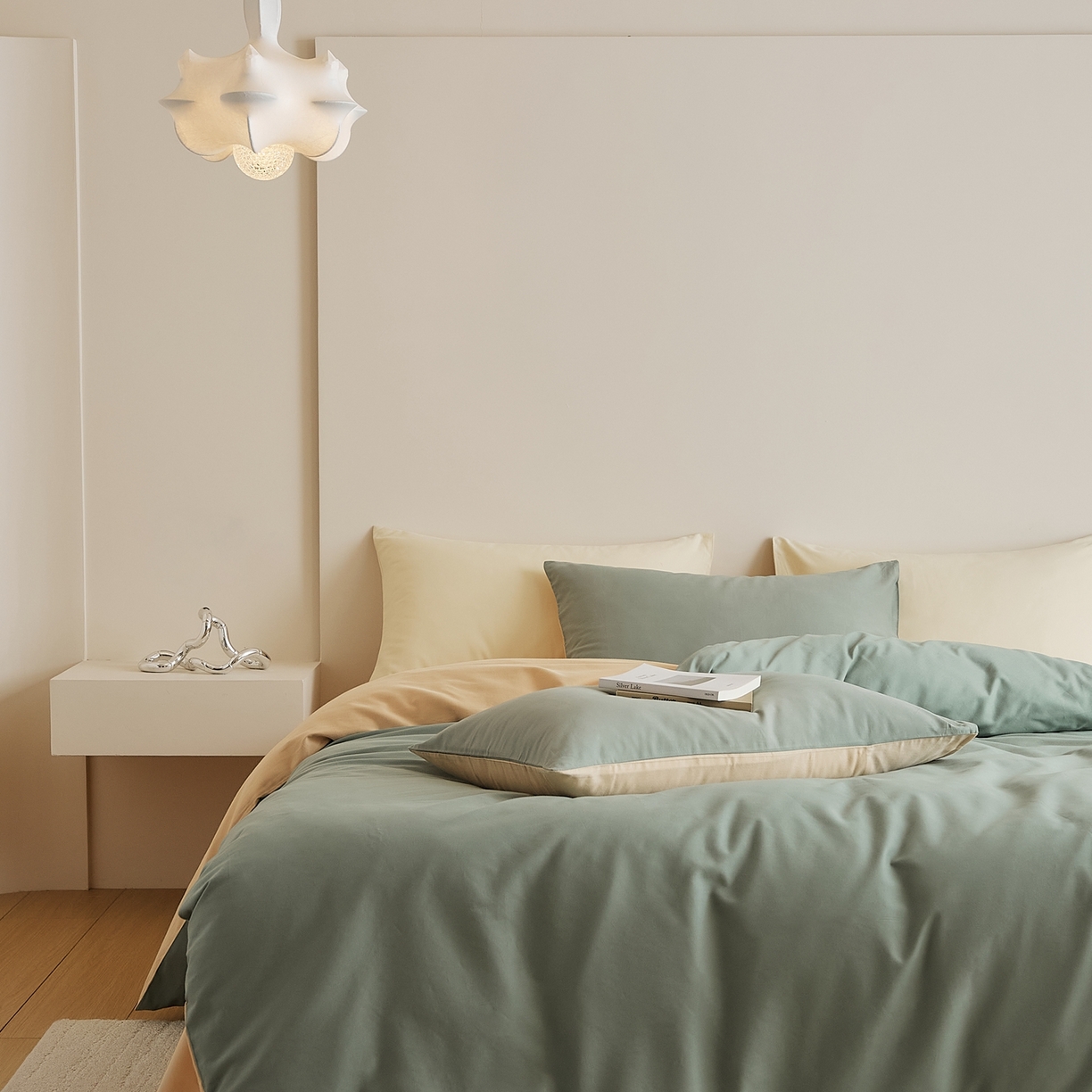 91家纺网 家纺一手货源 找家纺 禾时 2025新款A类全棉纯棉贡缎磨毛双拼色四件套 松风