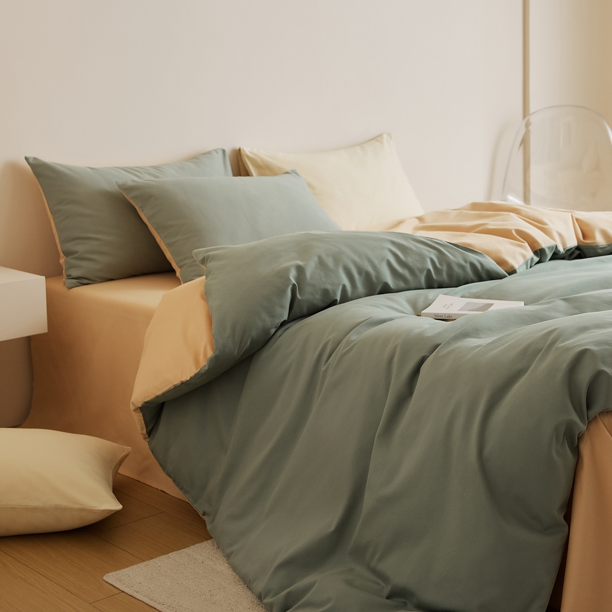 91家纺网 家纺一手货源 找家纺 禾时 2025新款A类全棉纯棉贡缎磨毛双拼色四件套 松风