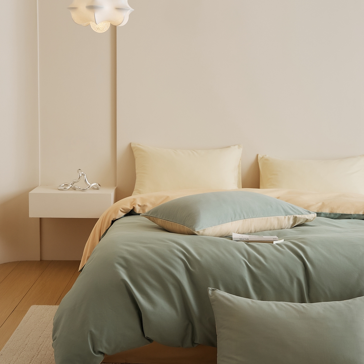 91家纺网 家纺一手货源 找家纺 禾时 2025新款A类全棉纯棉贡缎磨毛双拼色四件套 松风