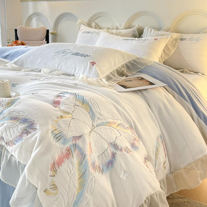 91家纺网 家纺一手货源 找家纺 ab家纺 2023新品竖条纹泡泡纱四件套 泡泡纱- 初恋粉