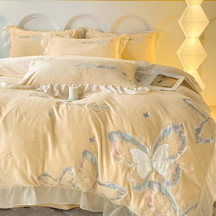 91家纺网 家纺一手货源 找家纺 ab家纺 2025新款厚实保暖牛奶绒四件套-碟鸢 碟鸢-黄色