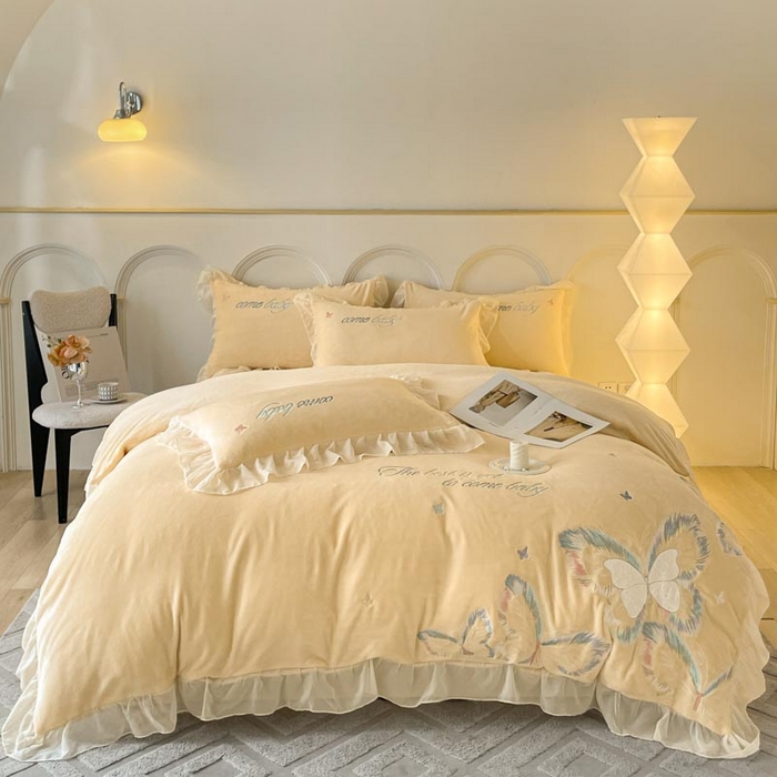 91家纺网 家纺一手货源 找家纺 ab家纺 2025新款厚实保暖牛奶绒四件套-碟鸢 碟鸢-黄色