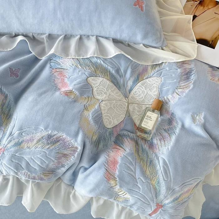 91家纺网 家纺一手货源 找家纺 ab家纺 2025新款厚实保暖牛奶绒四件套-碟鸢 碟鸢-蓝色