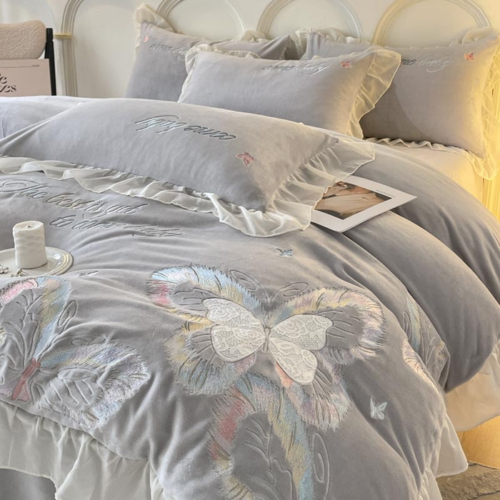 91家纺网 家纺一手货源 找家纺 ab家纺 2025新款厚实保暖牛奶绒四件套-碟鸢 碟鸢-灰