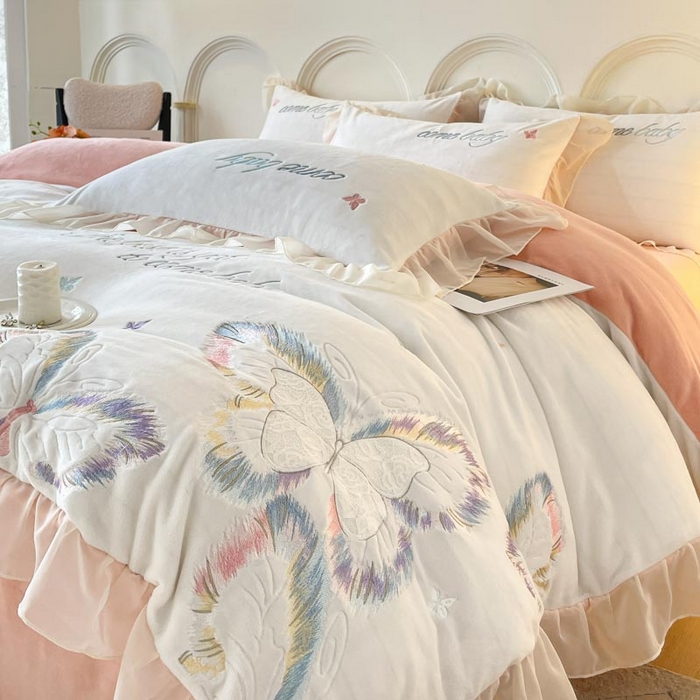 ab家纺 2025新款厚实保暖牛奶绒四件套-碟鸢 碟鸢-白粉