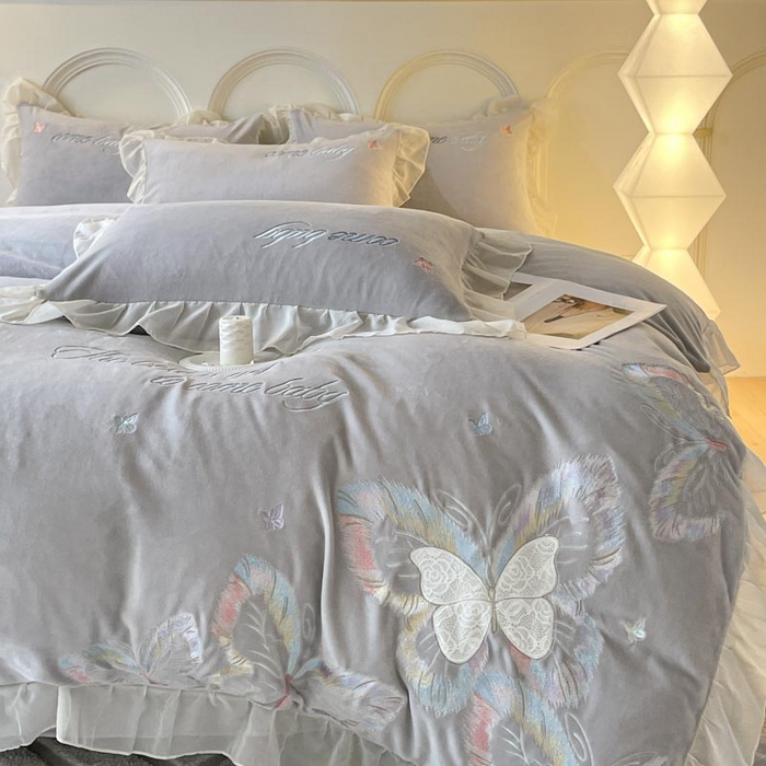 91家纺网 家纺一手货源 找家纺 ab家纺 2025新款厚实保暖牛奶绒四件套-碟鸢 碟鸢-灰