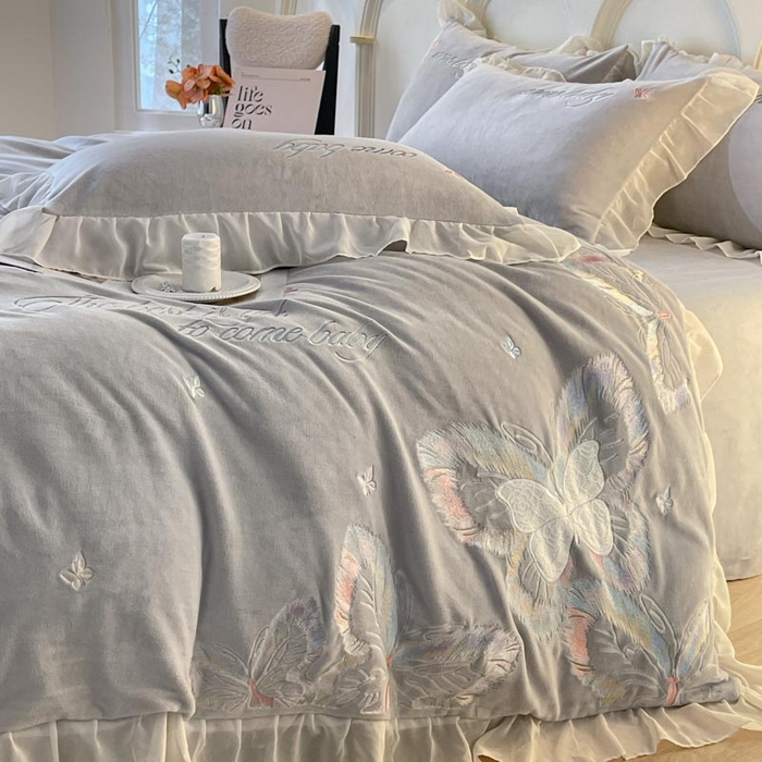 91家纺网 家纺一手货源 找家纺 ab家纺 2025新款厚实保暖牛奶绒四件套-碟鸢 碟鸢-灰