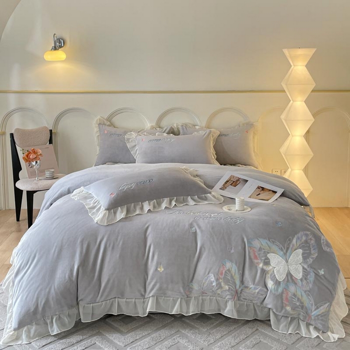 91家纺网 家纺一手货源 找家纺 ab家纺 2025新款厚实保暖牛奶绒四件套-碟鸢 碟鸢-灰