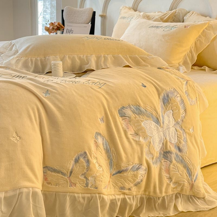 91家纺网 家纺一手货源 找家纺 ab家纺 2025新款厚实保暖牛奶绒四件套-碟鸢 碟鸢-黄色