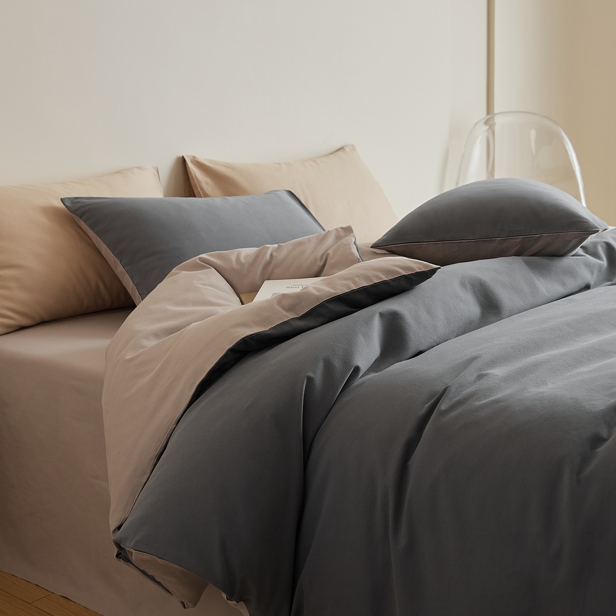 禾时 2025新款A类全棉纯棉贡缎磨毛双拼色四件套 钛苏