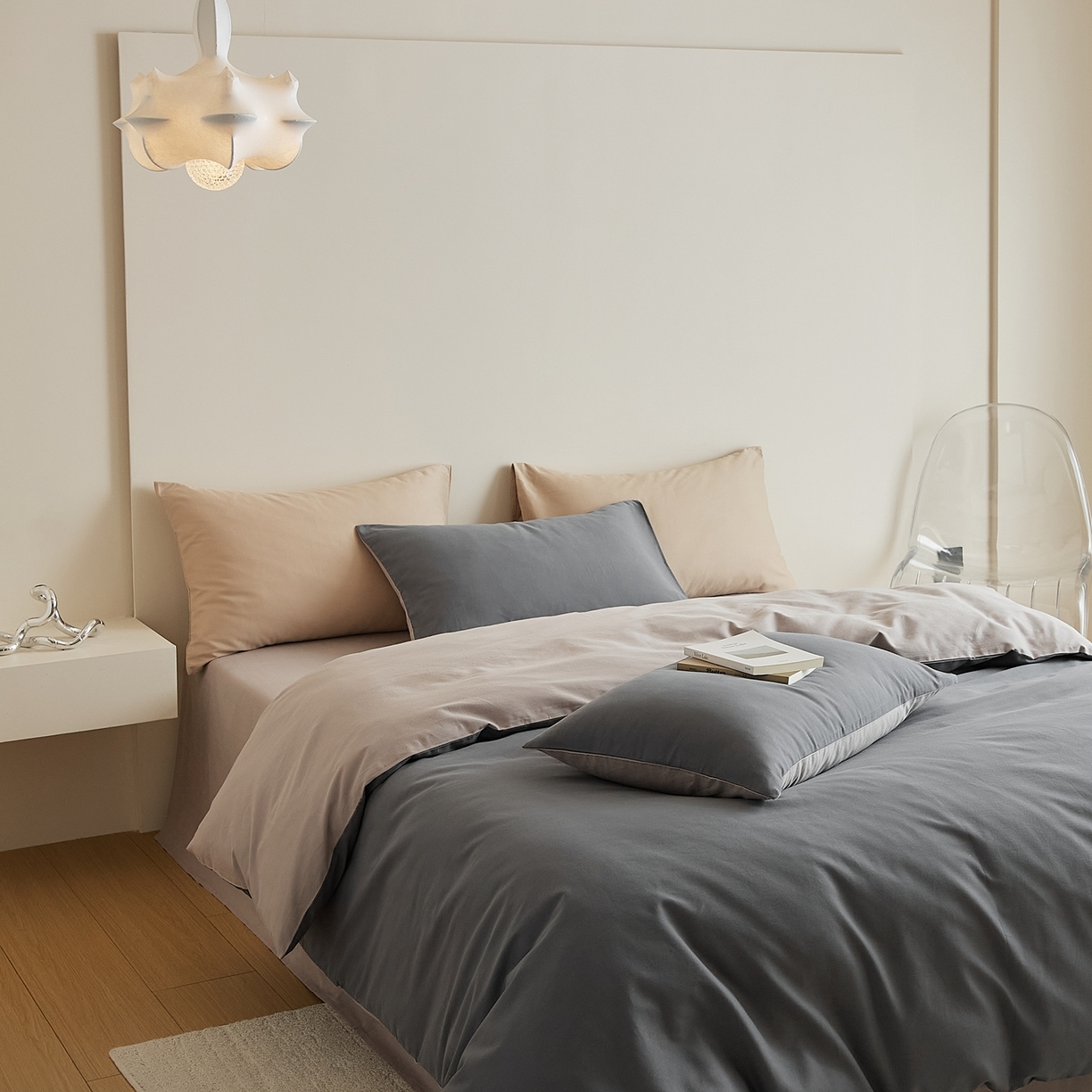 91家纺网 家纺一手货源 找家纺 禾时 2025新款A类全棉纯棉贡缎磨毛双拼色四件套 钛苏