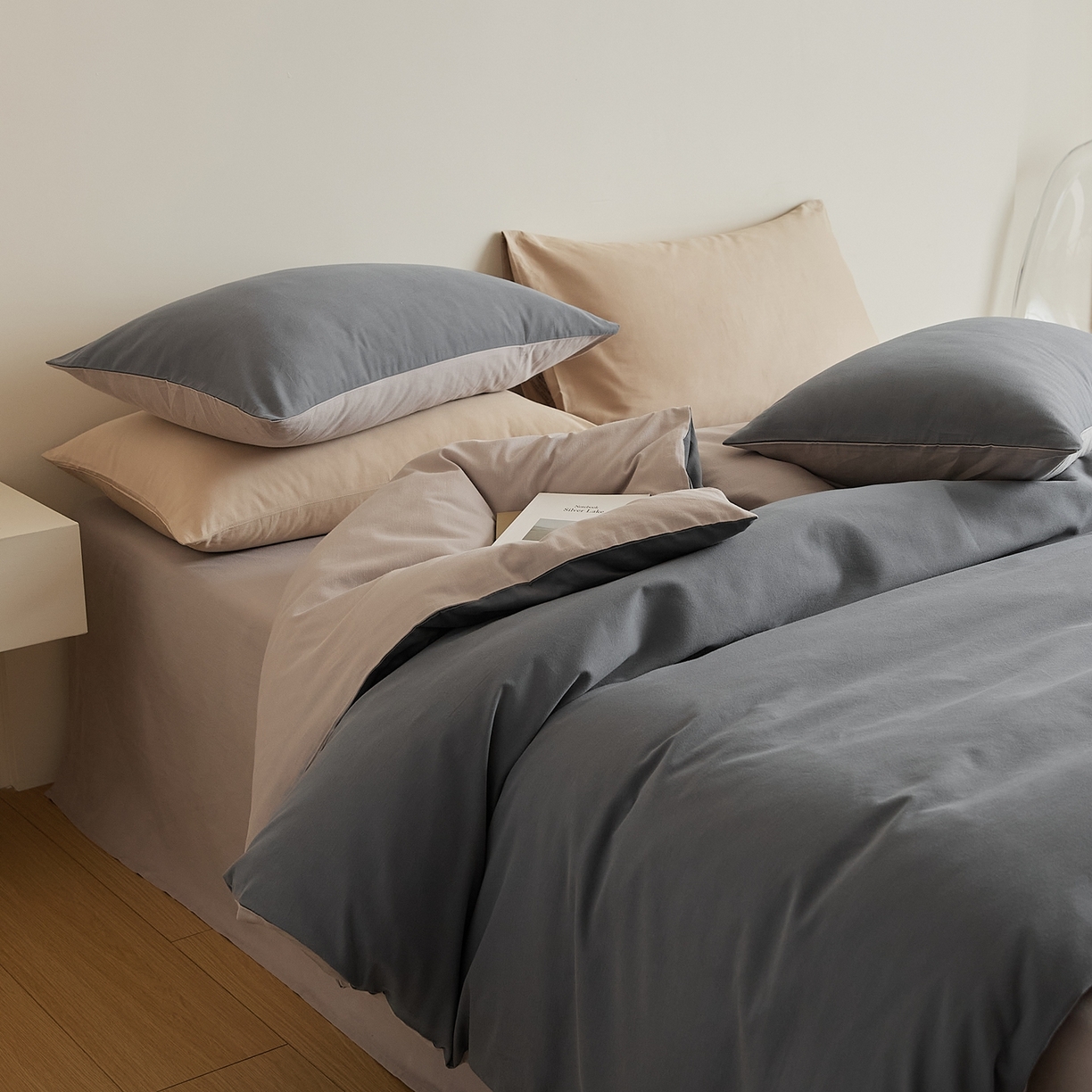 91家纺网 家纺一手货源 找家纺 禾时 2025新款A类全棉纯棉贡缎磨毛双拼色四件套 钛苏