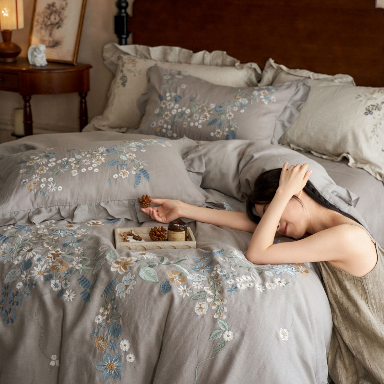 91家纺网 家纺一手货源 找家纺 安莱生活 2025新款百分百纯亚麻重工艺刺绣四件套 花非花-霓灰