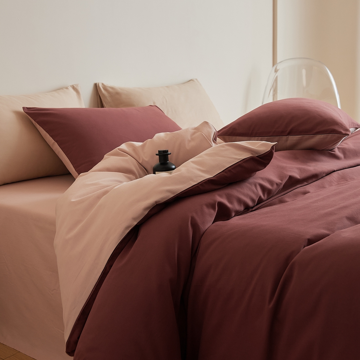 禾时 2025新款A类全棉纯棉贡缎磨毛双拼色四件套 维粉