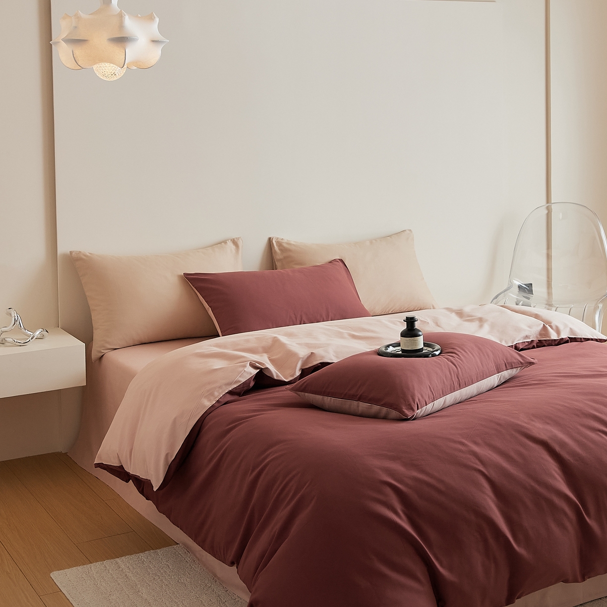 91家纺网 家纺一手货源 找家纺 禾时 2025新款A类全棉纯棉贡缎磨毛双拼色四件套 维粉