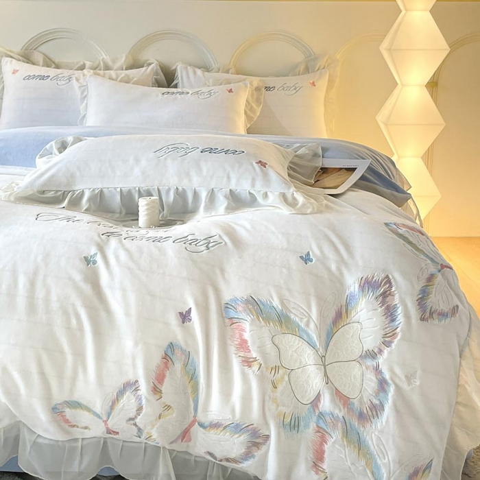 91家纺网 家纺一手货源 找家纺 ab家纺 2025新款厚实保暖牛奶绒四件套-碟鸢 碟鸢 -蓝白