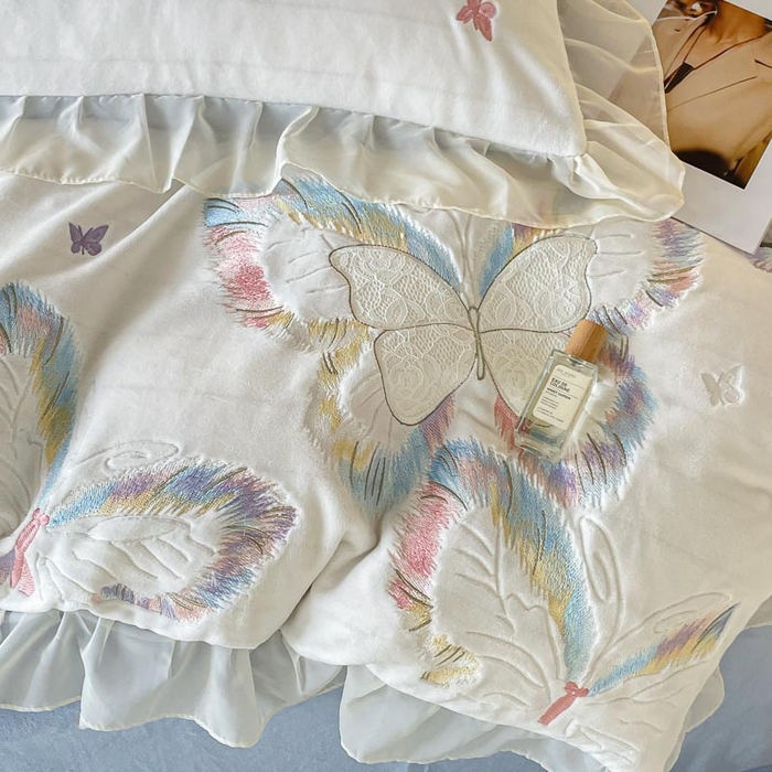 91家纺网 家纺一手货源 找家纺 ab家纺 2025新款厚实保暖牛奶绒四件套-碟鸢 碟鸢 -蓝白