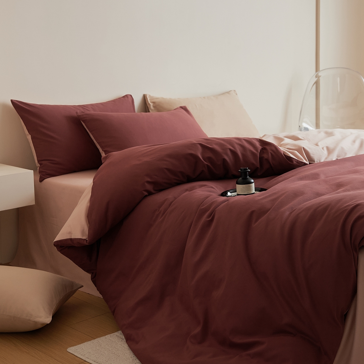 91家纺网 家纺一手货源 找家纺 禾时 2025新款A类全棉纯棉贡缎磨毛双拼色四件套 维粉