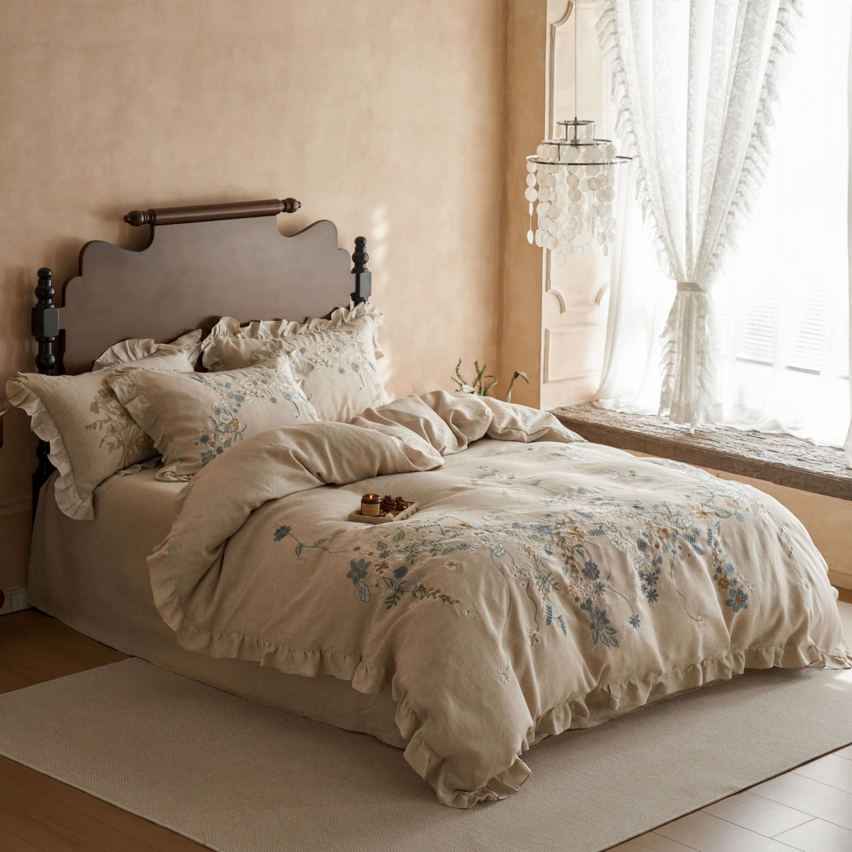 91家纺网 家纺一手货源 找家纺 安莱生活 2025新款百分百纯亚麻重工艺刺绣四件套 花非花-雨露