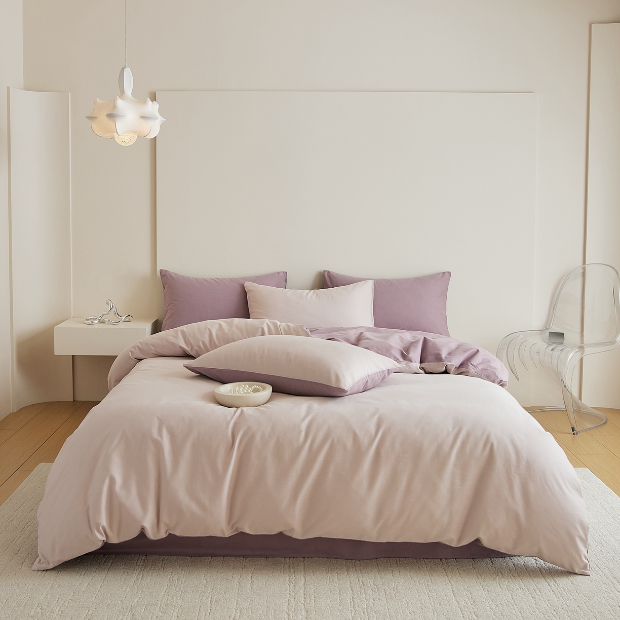 91家纺网 家纺一手货源 找家纺 禾时 2025新款A类全棉纯棉贡缎磨毛双拼色四件套 溪紫