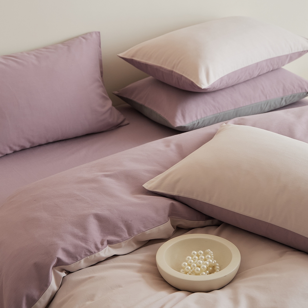 91家纺网 家纺一手货源 找家纺 禾时 2025新款A类全棉纯棉贡缎磨毛双拼色四件套 溪紫