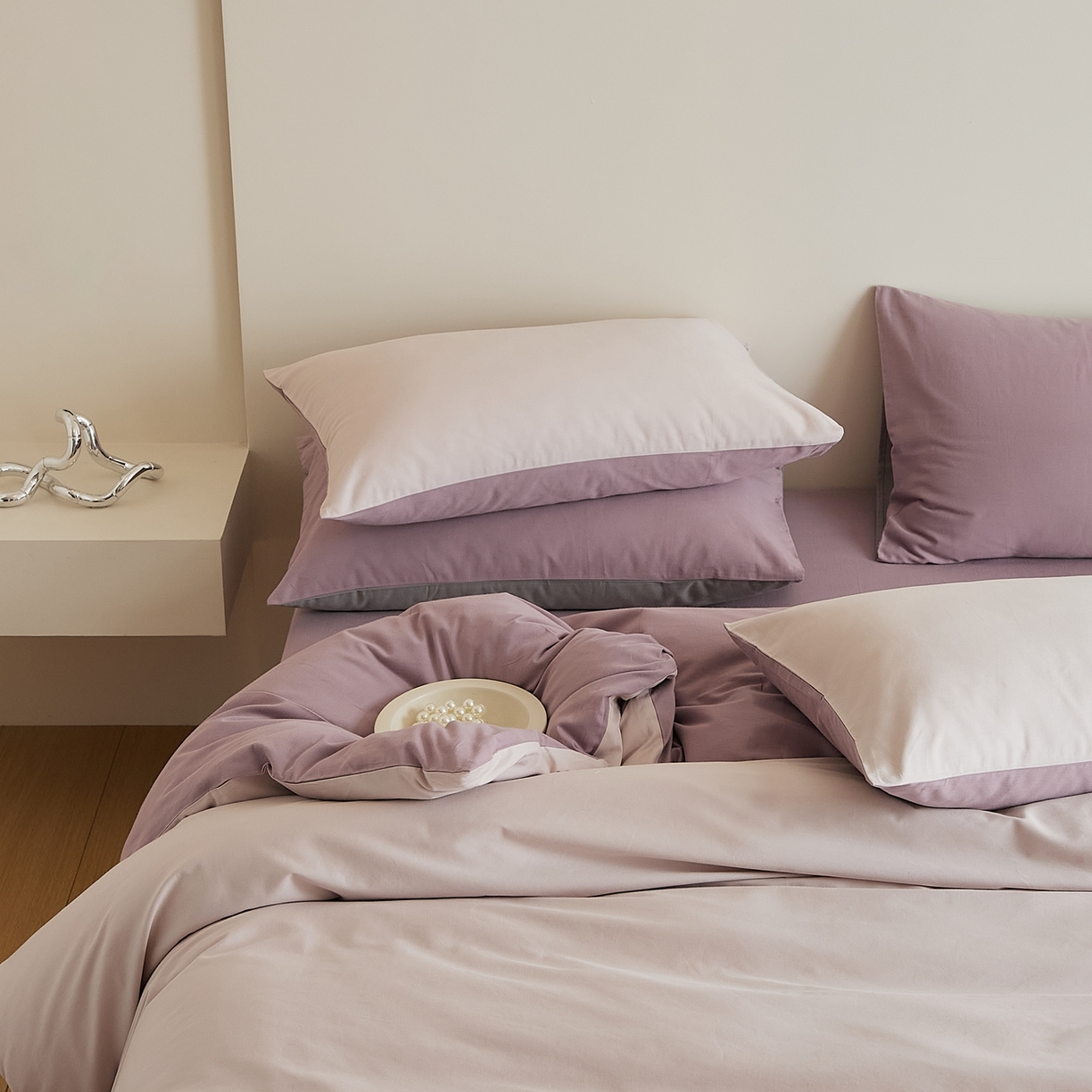 91家纺网 家纺一手货源 找家纺 禾时 2025新款A类全棉纯棉贡缎磨毛双拼色四件套 溪紫