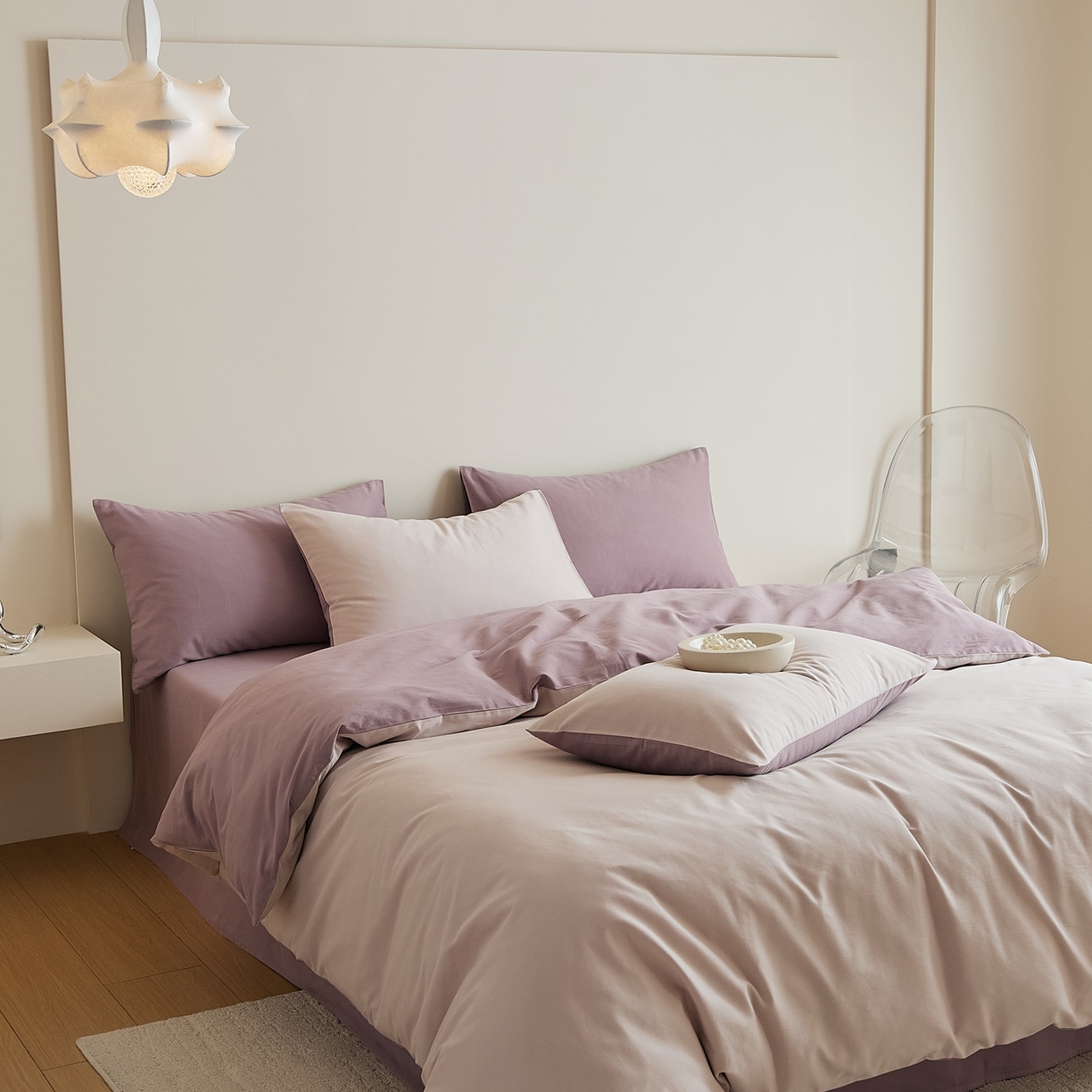 91家纺网 家纺一手货源 找家纺 禾时 2025新款A类全棉纯棉贡缎磨毛双拼色四件套 溪紫