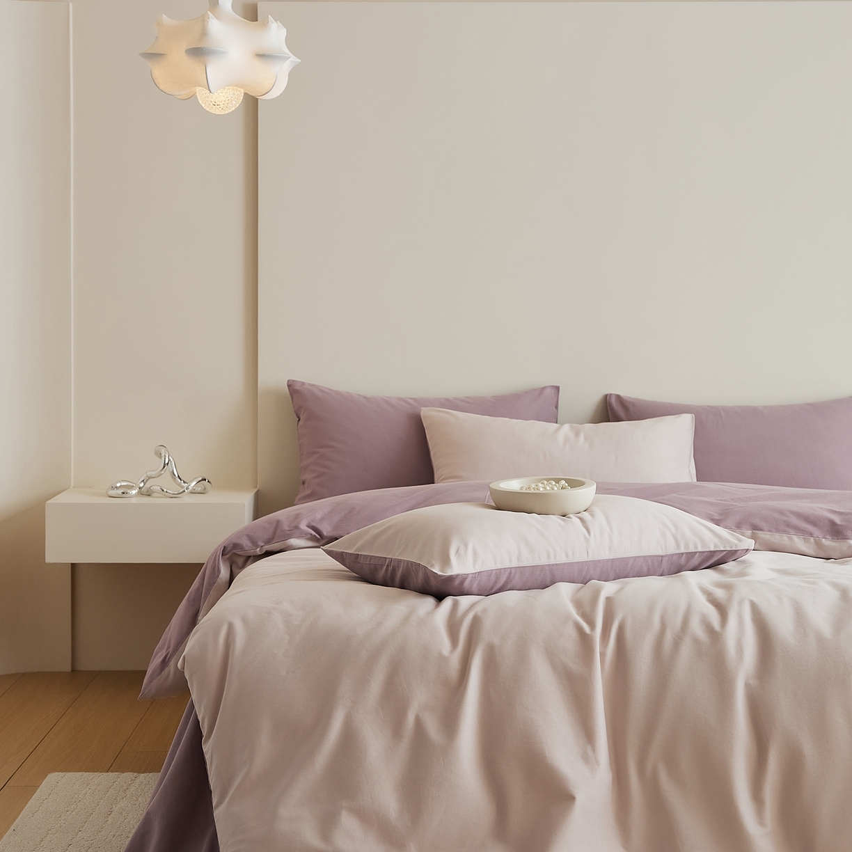 91家纺网 家纺一手货源 找家纺 禾时 2025新款A类全棉纯棉贡缎磨毛双拼色四件套 溪紫