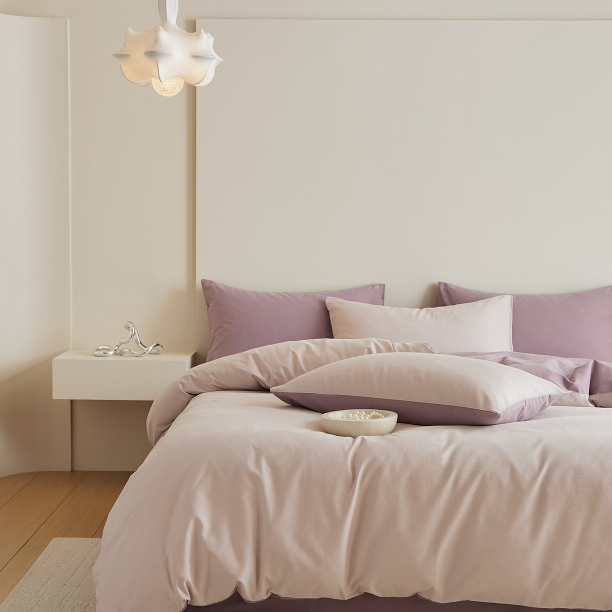 91家纺网 家纺一手货源 找家纺 禾时 2025新款A类全棉纯棉贡缎磨毛双拼色四件套 溪紫