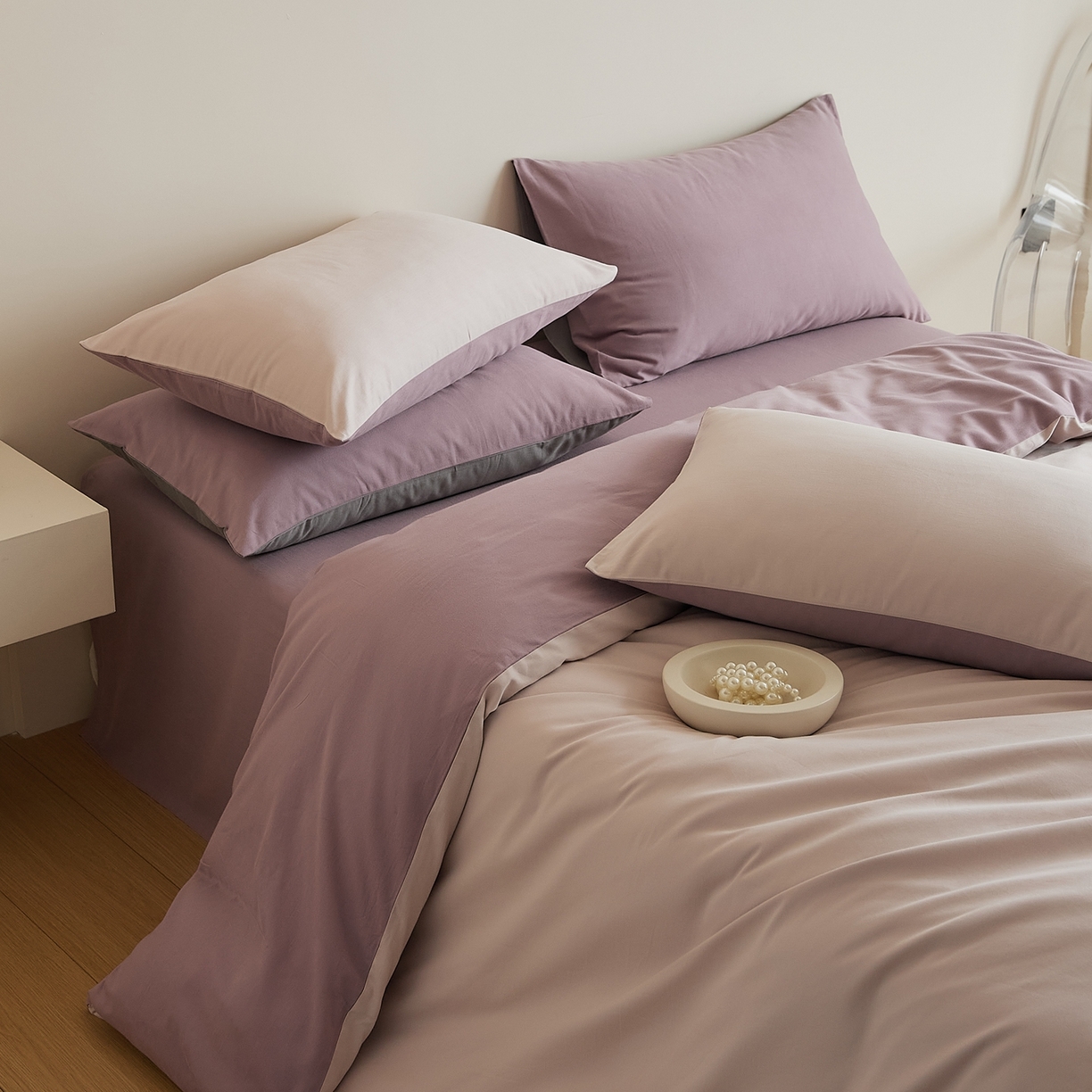 91家纺网 家纺一手货源 找家纺 禾时 2025新款A类全棉纯棉贡缎磨毛双拼色四件套 溪紫