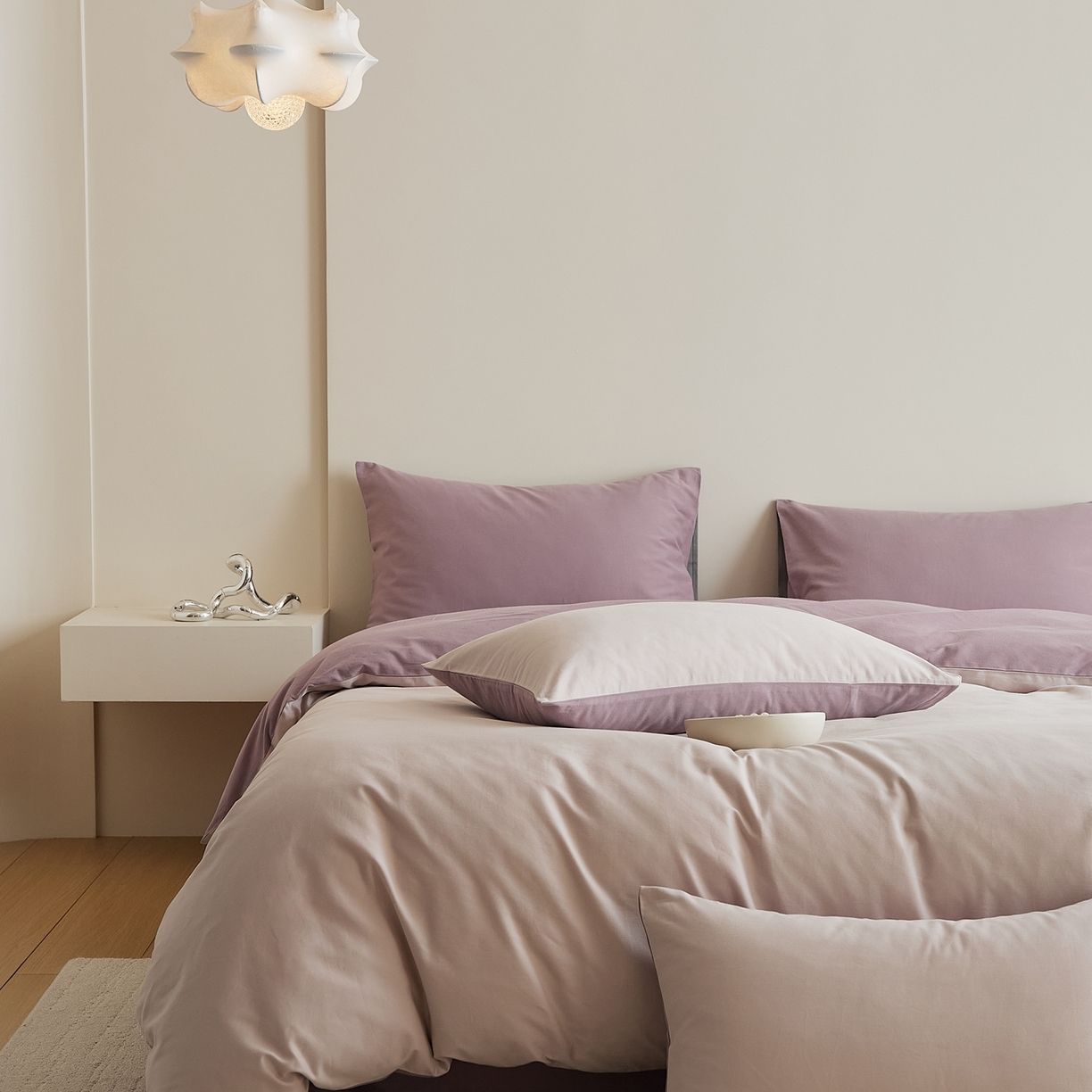 91家纺网 家纺一手货源 找家纺 禾时 2025新款A类全棉纯棉贡缎磨毛双拼色四件套 溪紫