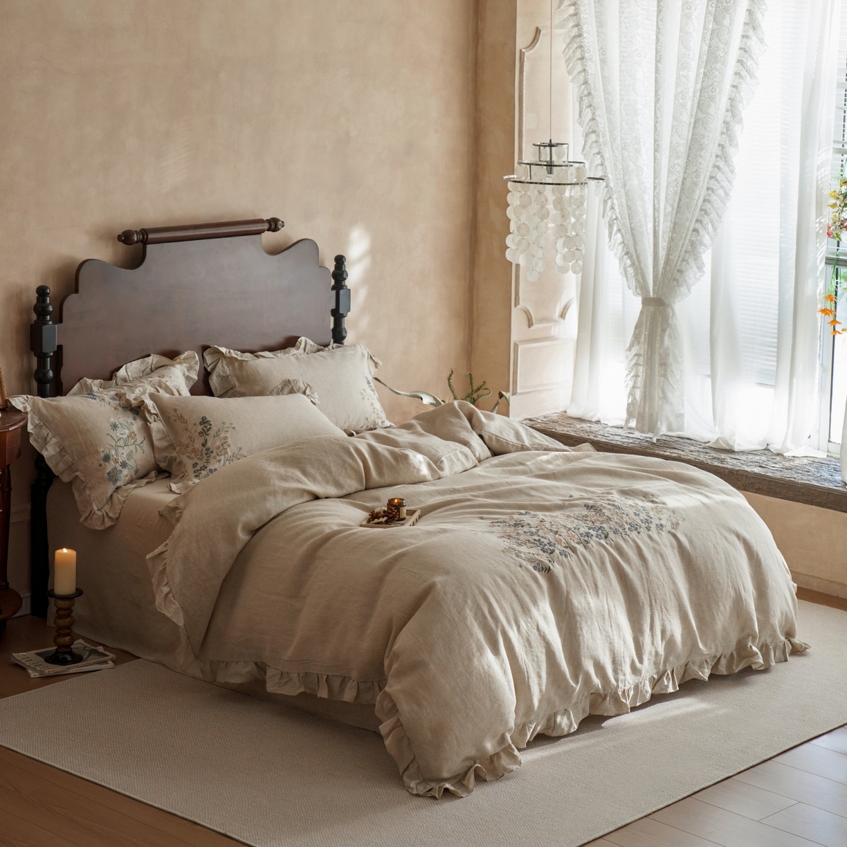 91家纺网 家纺一手货源 找家纺 安莱生活 2025新款百分百纯亚麻重工艺刺绣四件套 千寻-雨露