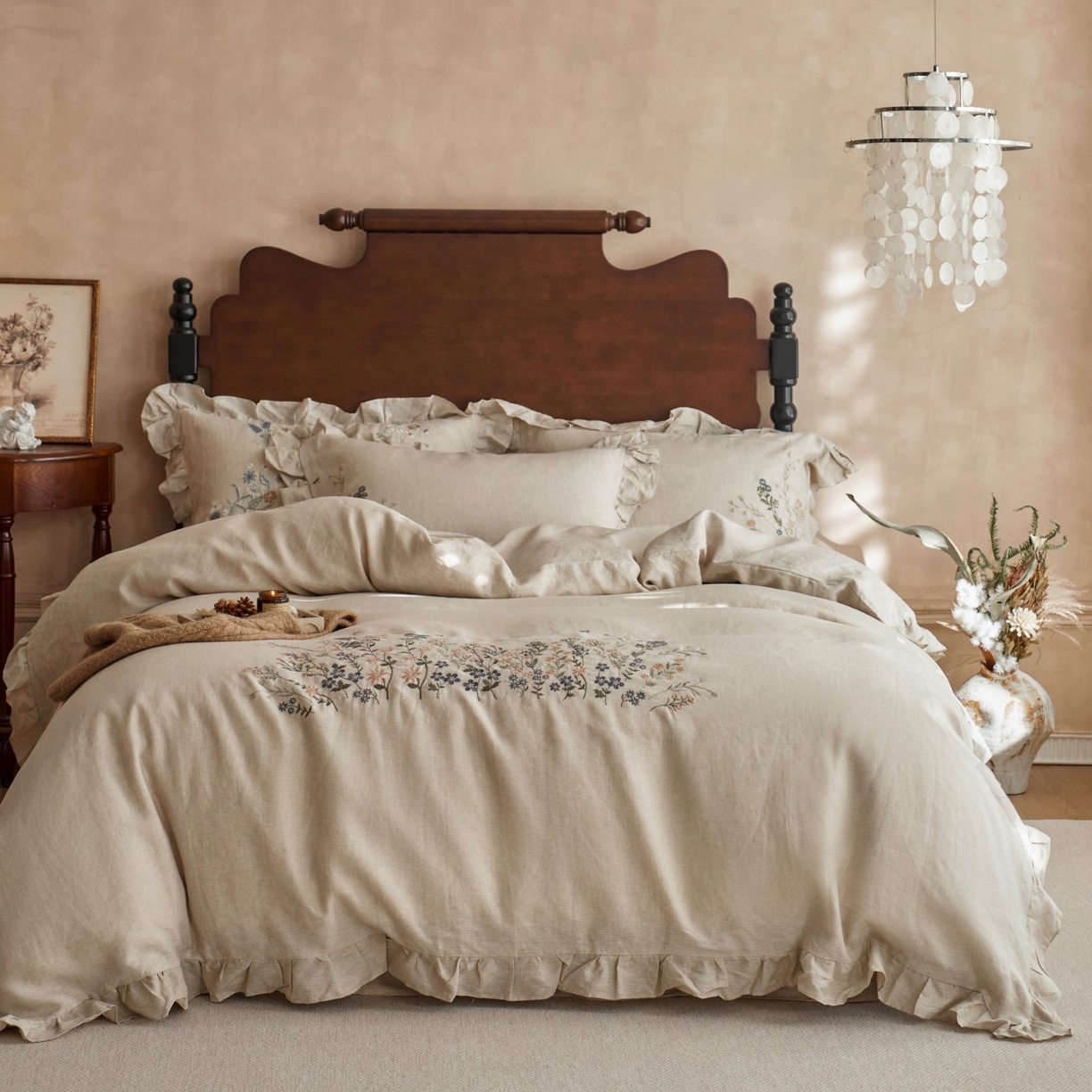 91家纺网 家纺一手货源 找家纺 安莱生活 2025新款百分百纯亚麻重工艺刺绣四件套 千寻-雨露