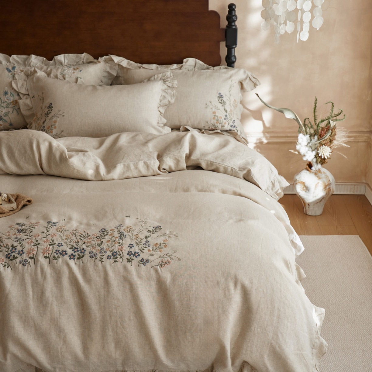 91家纺网 家纺一手货源 找家纺 安莱生活 2025新款百分百纯亚麻重工艺刺绣四件套 千寻-雨露