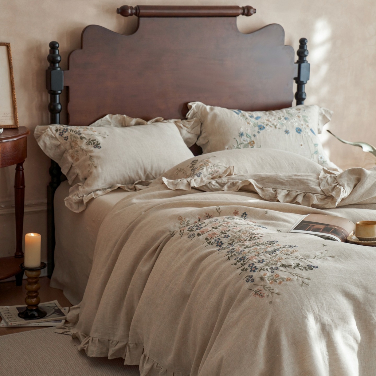 91家纺网 家纺一手货源 找家纺 安莱生活 2025新款百分百纯亚麻重工艺刺绣四件套 千寻-雨露