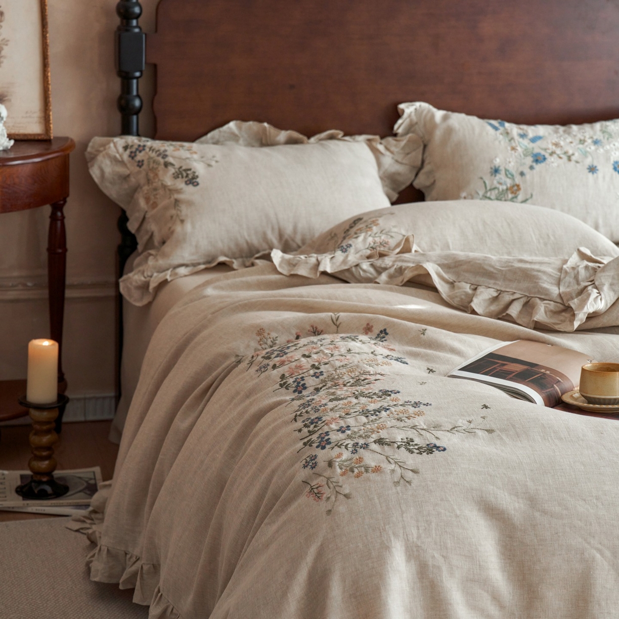 91家纺网 家纺一手货源 找家纺 安莱生活 2025新款百分百纯亚麻重工艺刺绣四件套 千寻-雨露