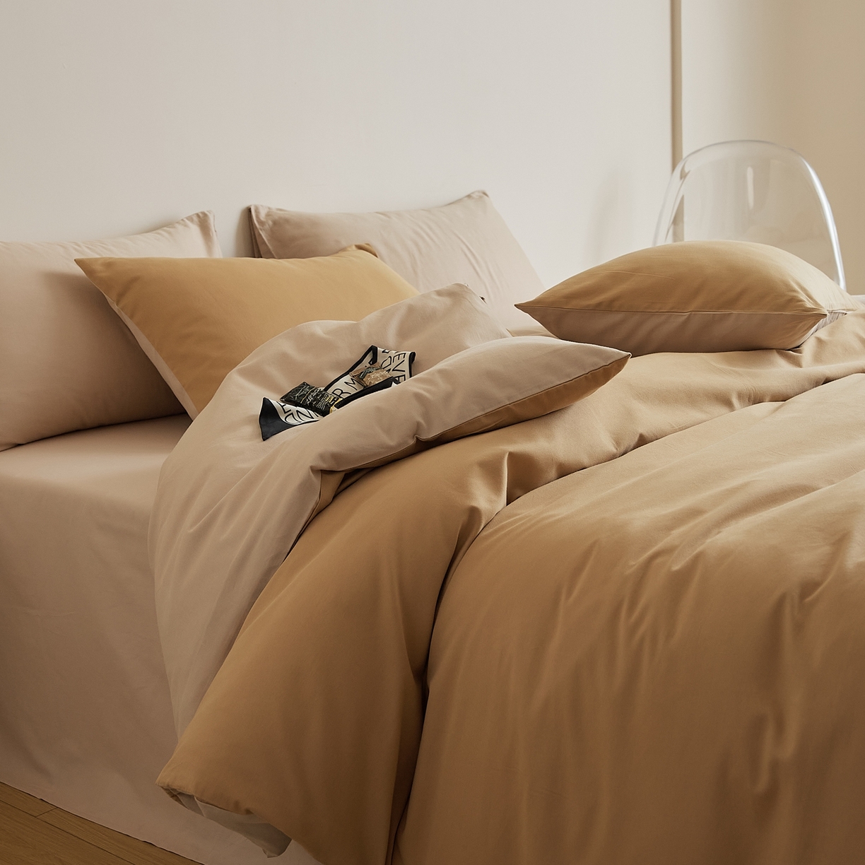 禾时 2025新款A类全棉纯棉贡缎磨毛双拼色四件套 耀金