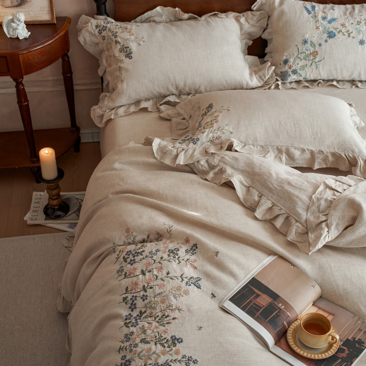 91家纺网 家纺一手货源 找家纺 安莱生活 2025新款百分百纯亚麻重工艺刺绣四件套 千寻-雨露