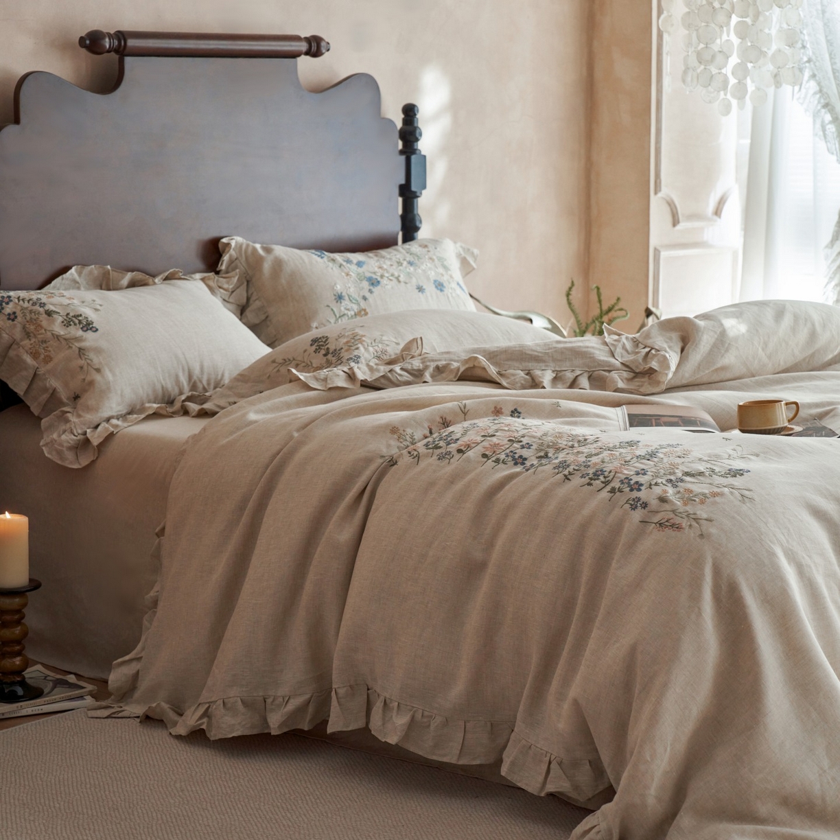 91家纺网 家纺一手货源 找家纺 安莱生活 2025新款百分百纯亚麻重工艺刺绣四件套 千寻-雨露