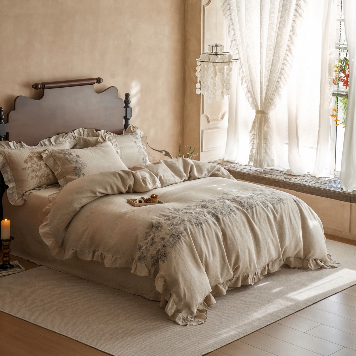 91家纺网 家纺一手货源 找家纺 安莱生活 2025新款百分百纯亚麻重工艺刺绣四件套 余香-雨露