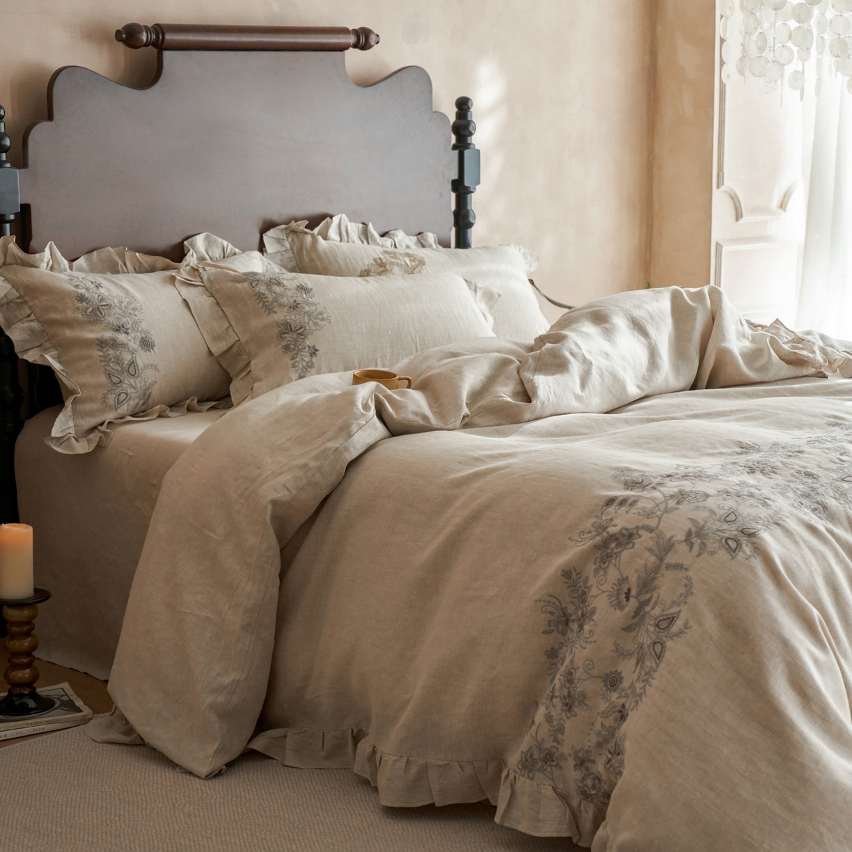 91家纺网 家纺一手货源 找家纺 安莱生活 2025新款百分百纯亚麻重工艺刺绣四件套 余香-雨露