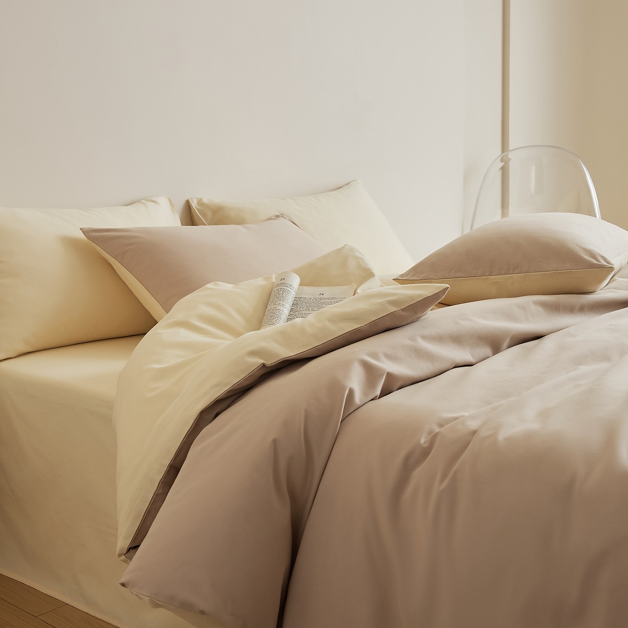 禾时 2025新款A类全棉纯棉贡缎磨毛双拼色四件套 鱼月