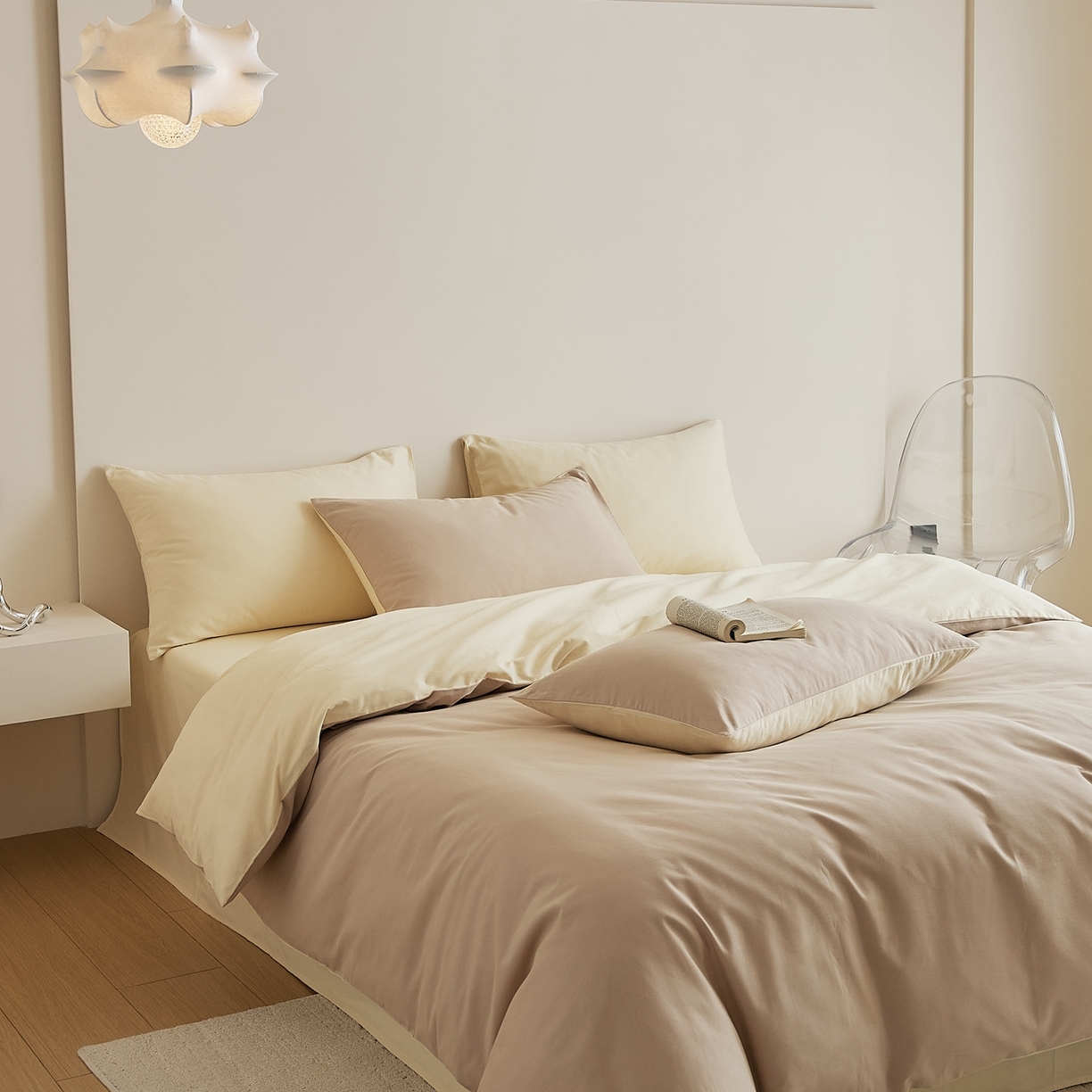 91家纺网 家纺一手货源 找家纺 禾时 2025新款A类全棉纯棉贡缎磨毛双拼色四件套 鱼月