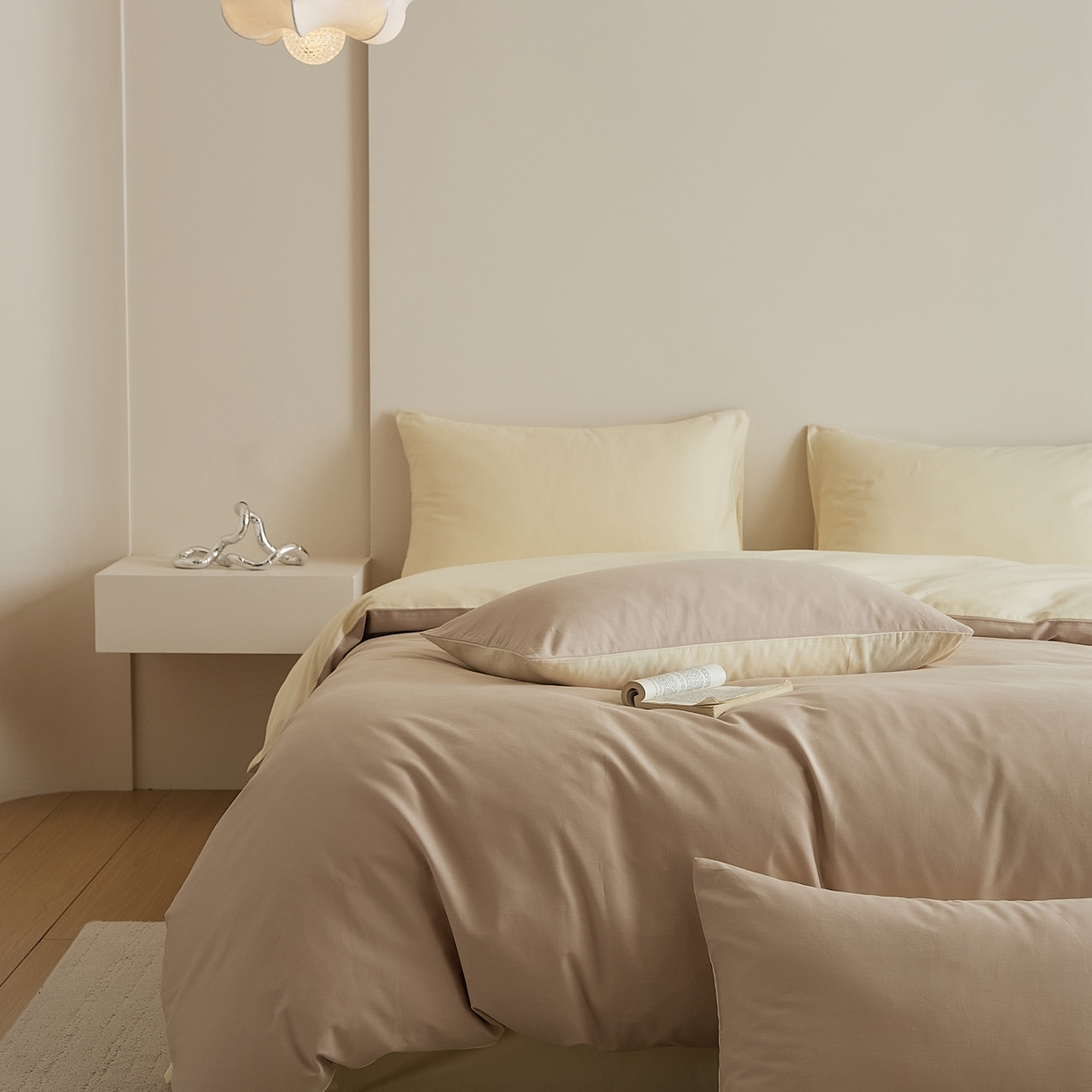 91家纺网 家纺一手货源 找家纺 禾时 2025新款A类全棉纯棉贡缎磨毛双拼色四件套 鱼月